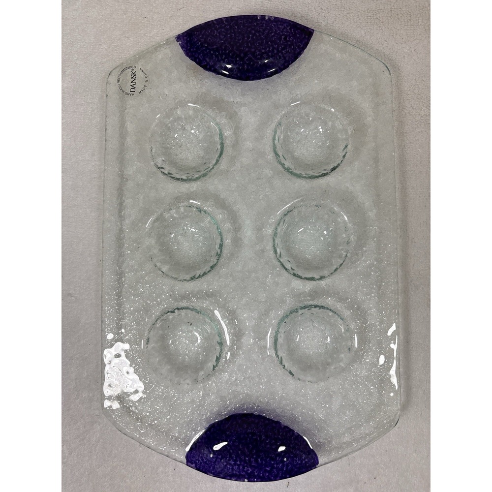 Dansk Glass Deviled Egg‎ Tray Purple Handles 6 Egg VTG Style Art Glass Hostess